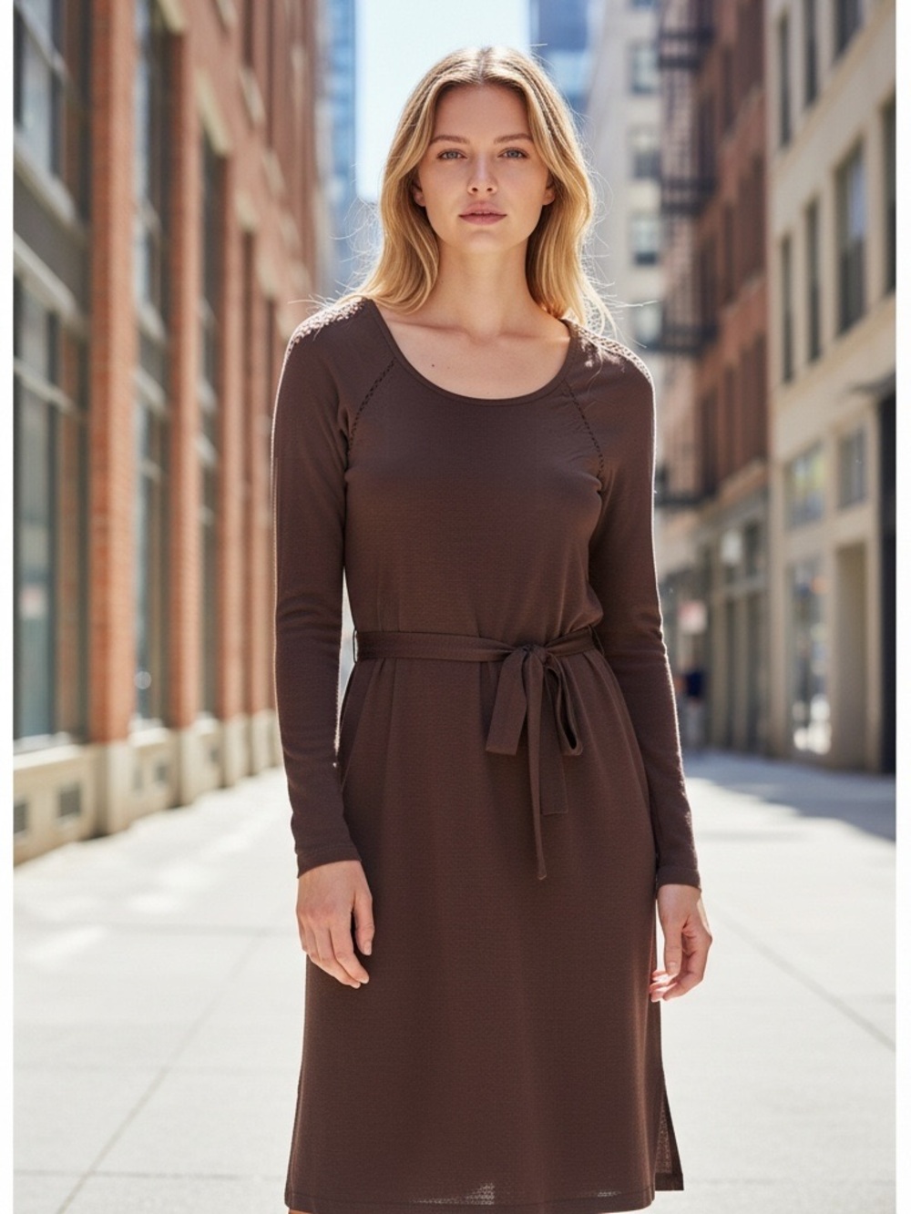 BCBGMAXAZRIA Long-Sleeve Belted Knit Dress in Chocolate Brown